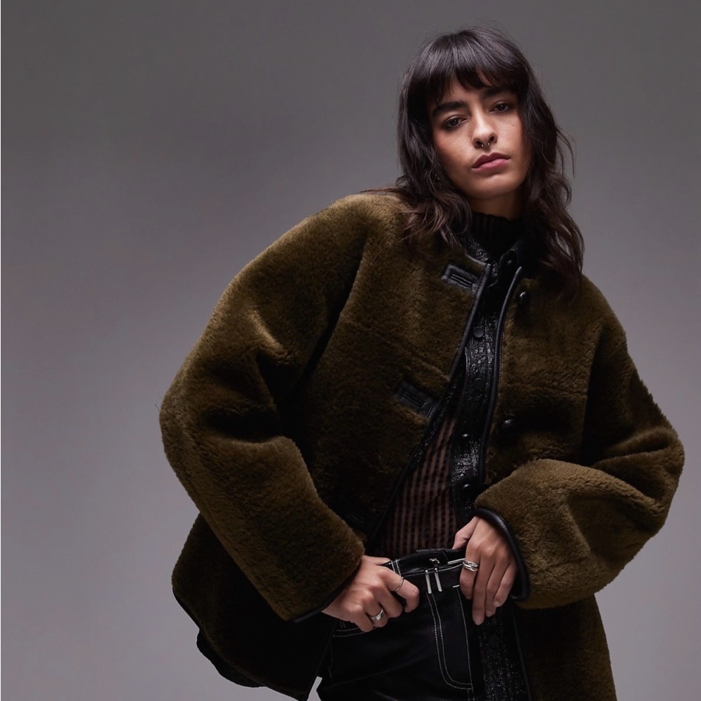 Mango Contrast Detail Faux Shearling Olive Jacket with Black Accents